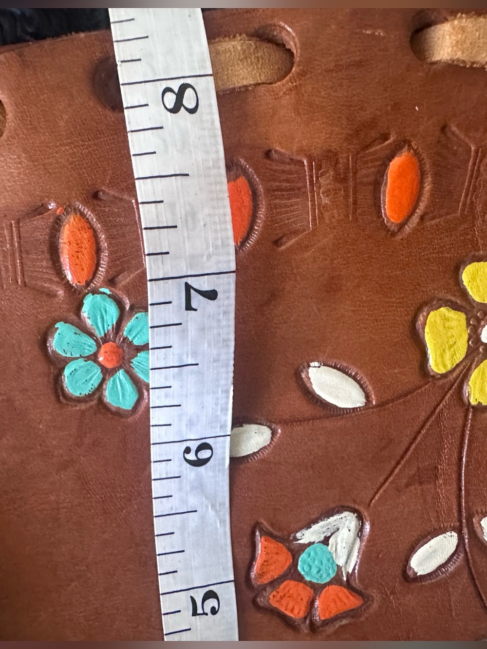 VINTAGE Handcrafted Brown Leather Floral Crossbody - Picture 5 of 6